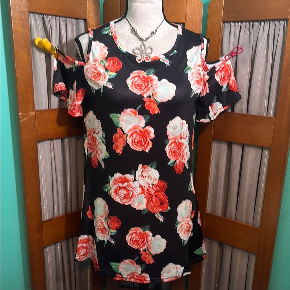 Black and red floral cold shoulder top